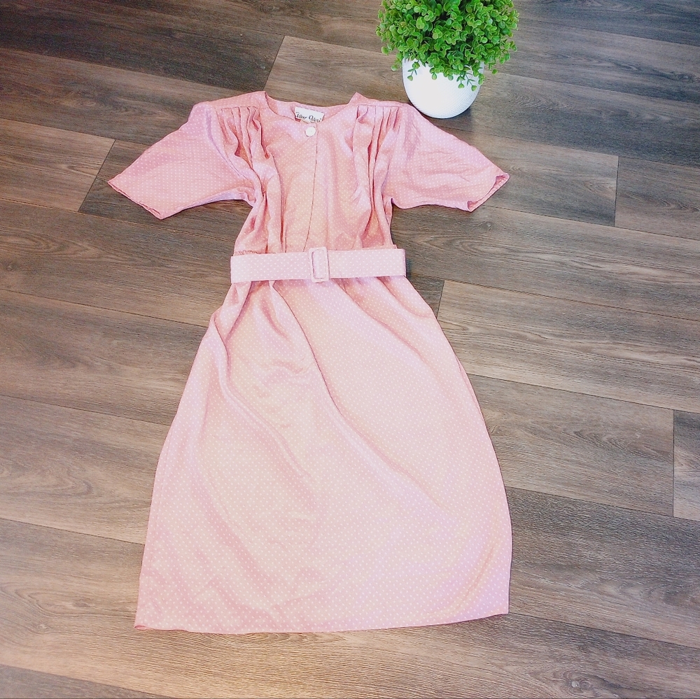 MCM pastel Pink Polka Dot Midi Spring Dress Elegant Cottage Chic  50s Housewife